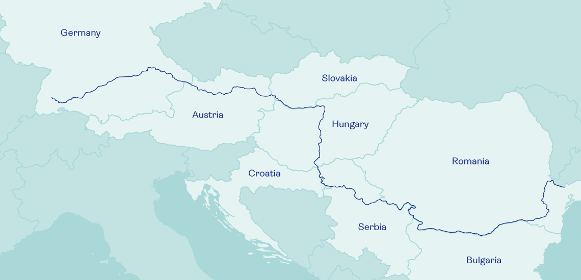 A map showing the 8 countries Saga cruise through on the Danube River - Germany, Austria, Slovakia, Hungary, Croatia, Serbia, Bulgaria and Romania